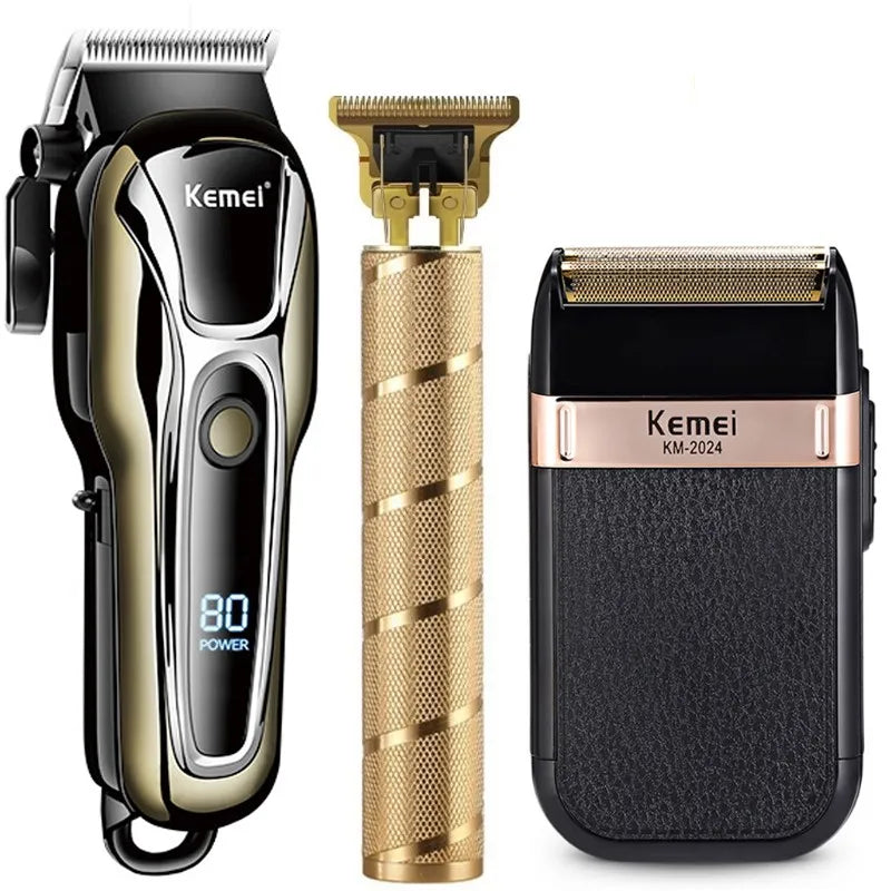 Kit Barbeiro Profissional Kemei Máquina + Acabamento + Shaver - 3 Itens
