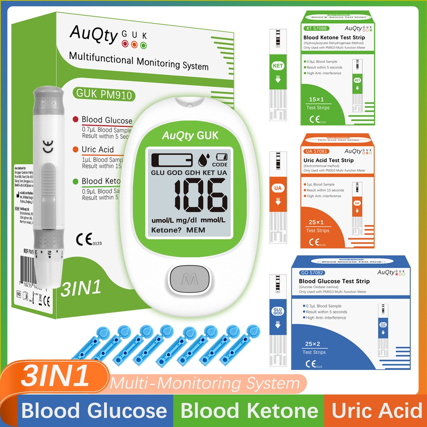 AuQty ® - Aparelho Medidor 3 em 1 - Glicose + Cetona + Ácido Úrico
