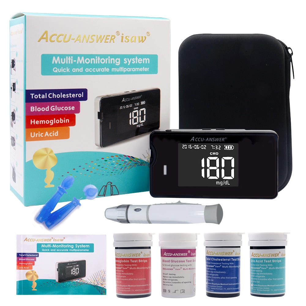 Accu Answer ® - Kit Medidor 4 em 1 (Colesterol, Ácido Úrico, Hemoglobina e Glicose)
